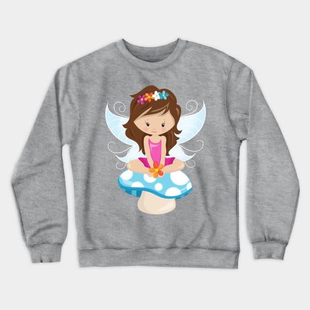 Cute Fairy, Magic Fairy, Brown Hair, Mushroom Crewneck Sweatshirt by Jelena Dunčević